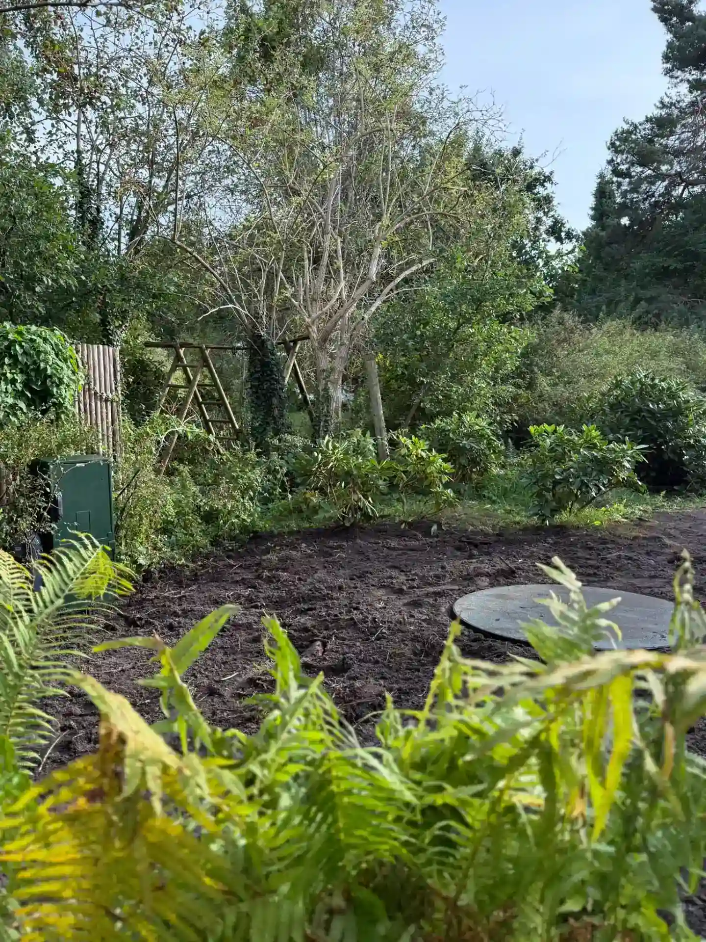 Køn havegrund med frugttræer og børnegynger i et grønt, privat område.