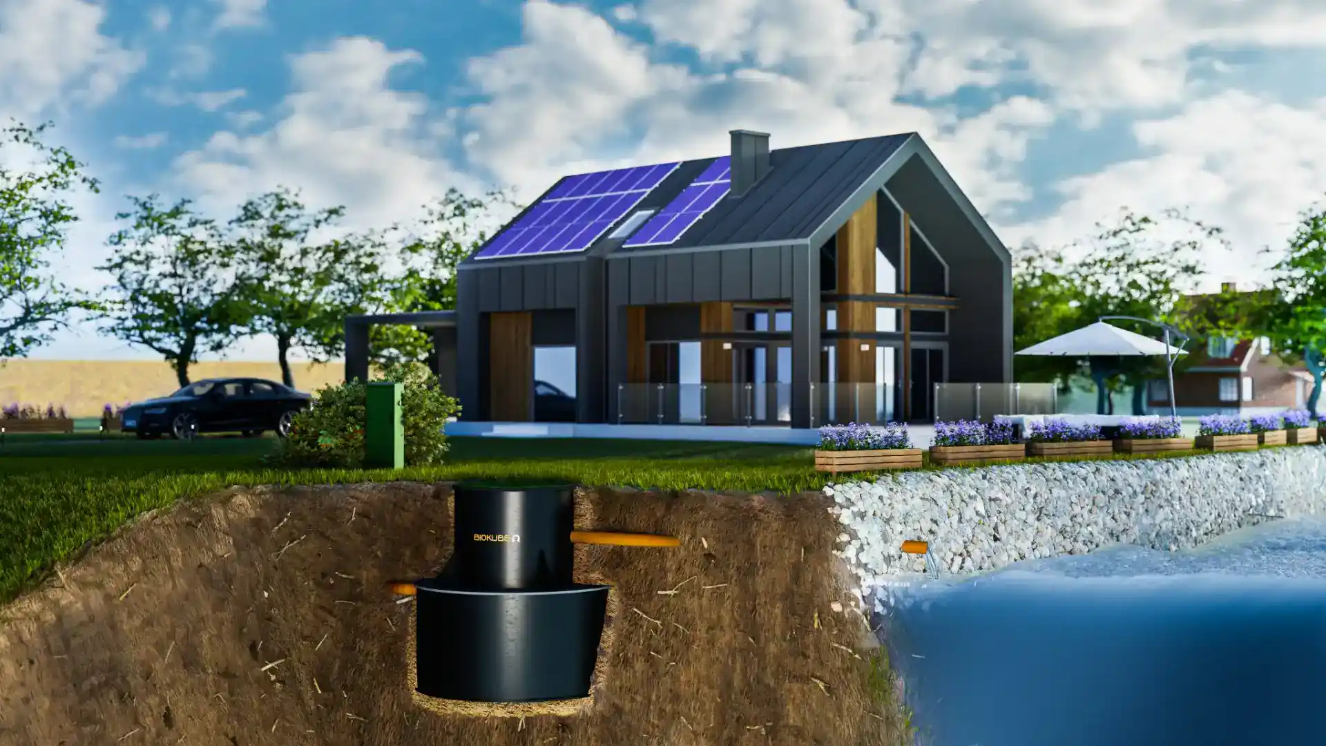 Miljøvenligt private mini renseanlæg med solcellepaneler og økologisk filtrering.